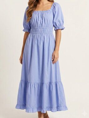 Indigo Rose Periwinkle Blue Smocked Cottagecore Tiered Midi Prairie Dress XL